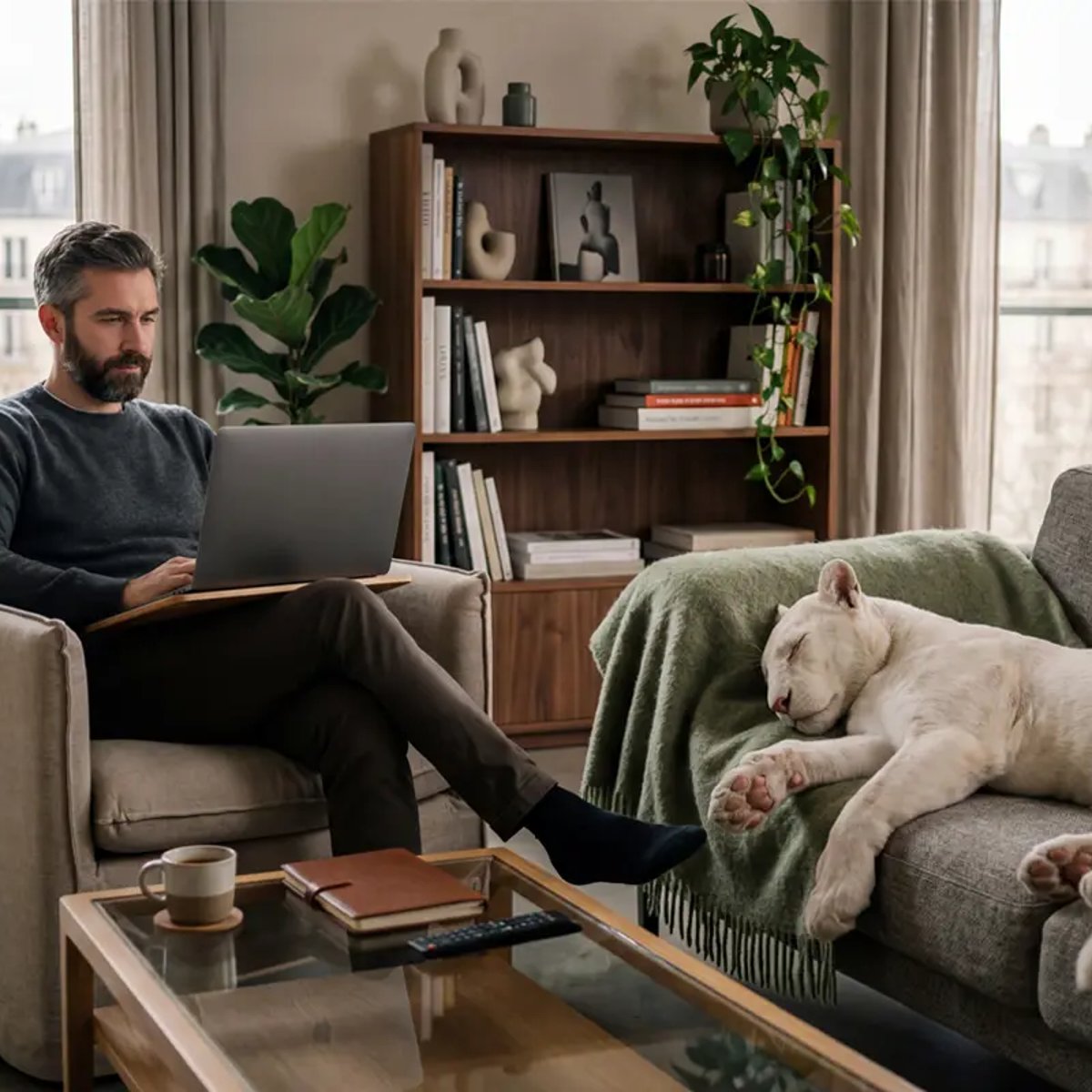 Person working on a laptop in a living room with a dog resting on the sofa, illustrating remote work and work-life balance
