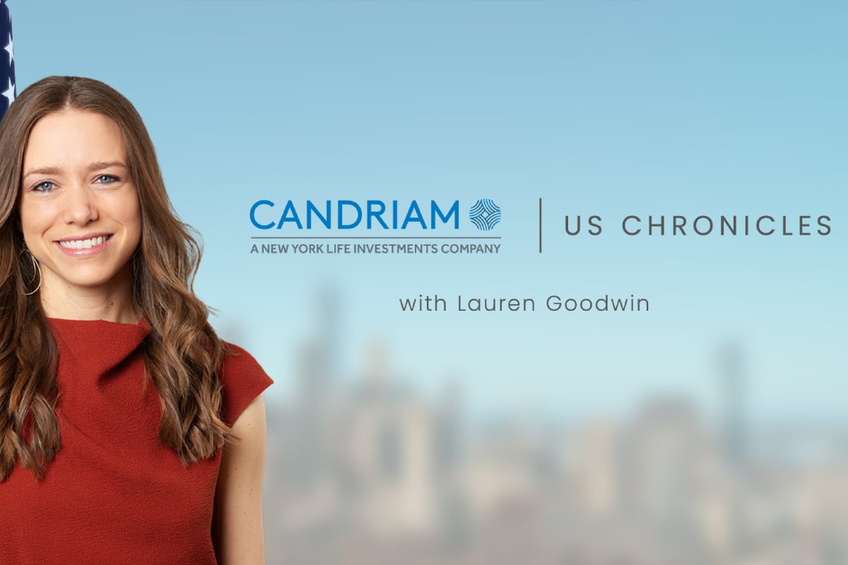 Portrait of a person in front of a US flag with an urban skyline in the background, illustrating the American political and economic context