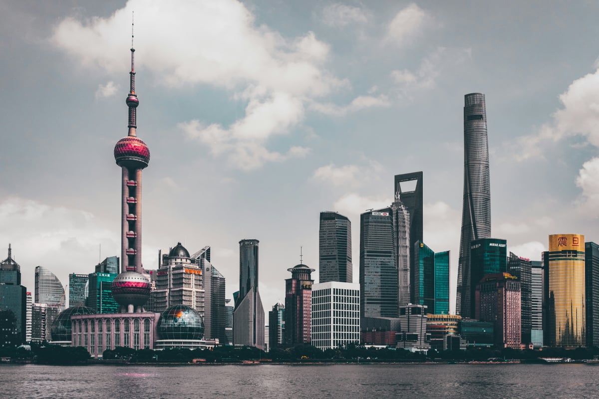 Shanghai skyline with the Oriental Pearl Tower and modern skyscrapers, illustrating China’s economic power