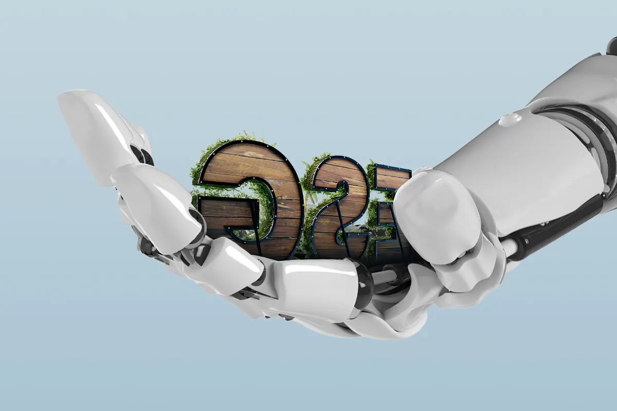 Robotic hand holding the letters “ESG” made of wood and greenery, set against a light blue background.


