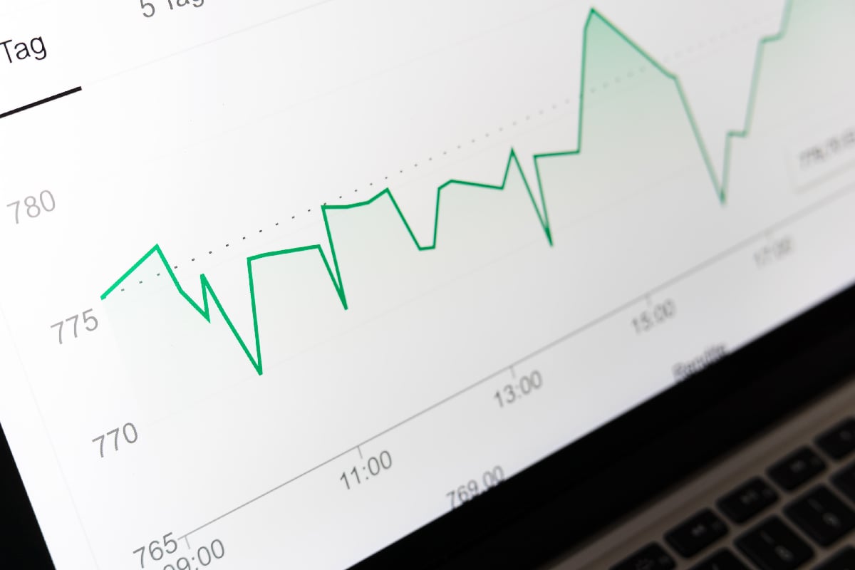 Financial chart with a fluctuating green line, illustrating market trends and volatility