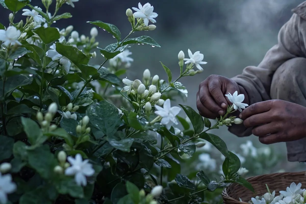 Hand harvesting white flowers from a green plant with dew, illustrating agriculture, nature and floral production
