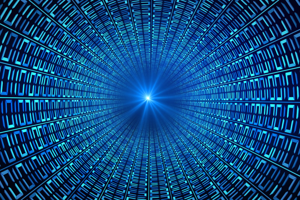 Digital‑style blue tunnel made of repeating rectangular patterns, converging toward a bright central light.