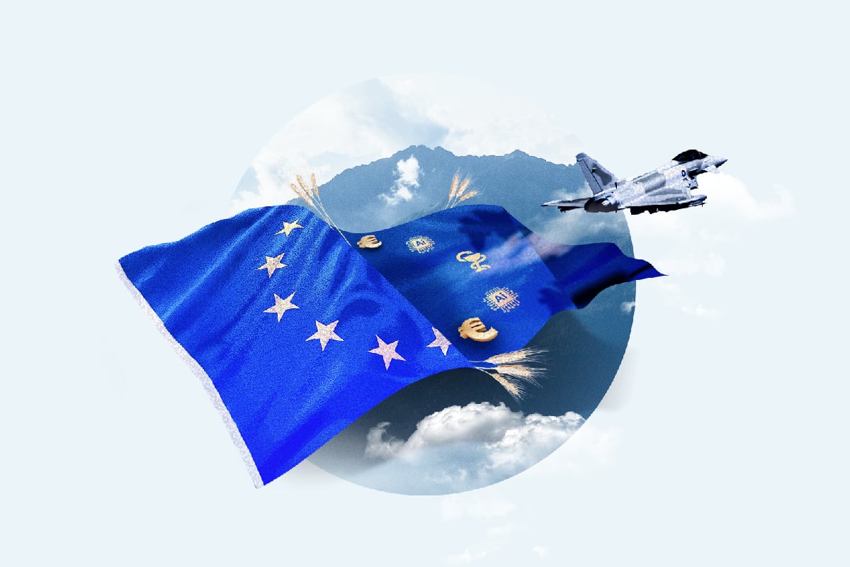 European Union flag with a fighter jet against a sky background, illustrating strategic autonomy, European defense and security
