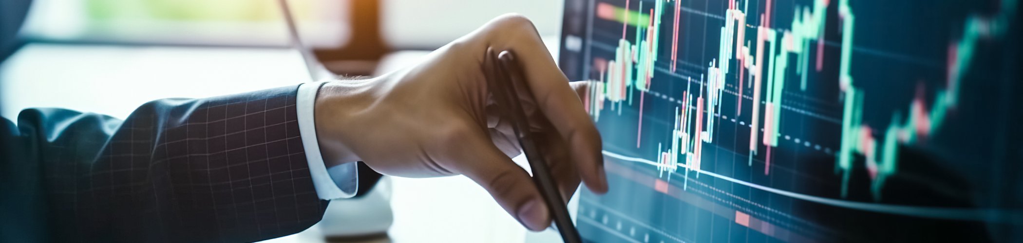 Hand pointing at a financial chart on a screen with a pen, illustrating market analysis and investment decision-making
