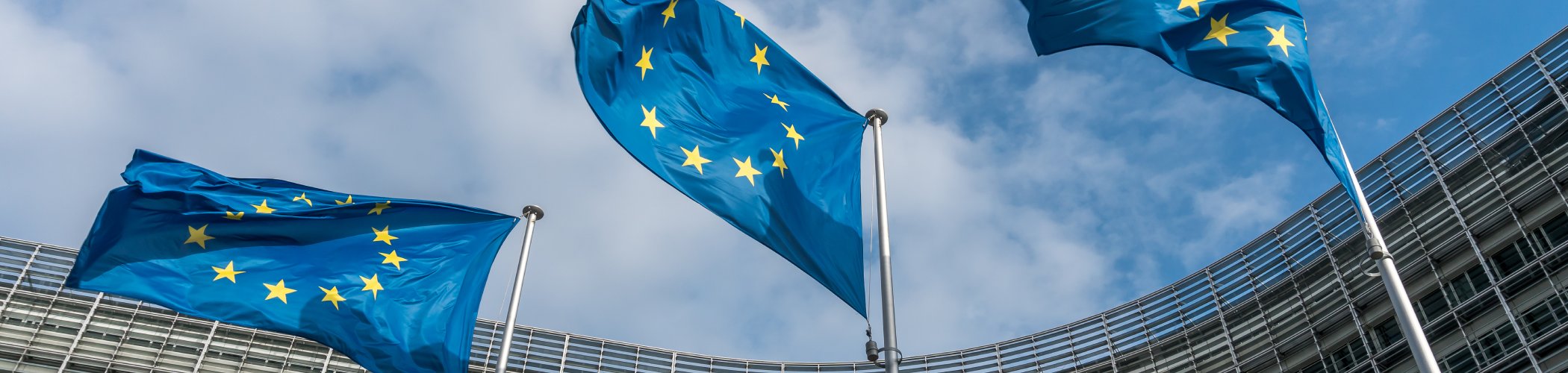 European Union flags in front of a modern glass institutional building, symbolizing European governance and institutions