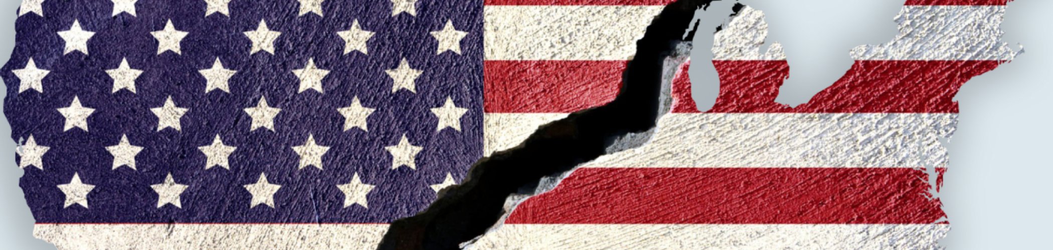 Cracked map of the United States with the American flag, illustrating political and social divisions
