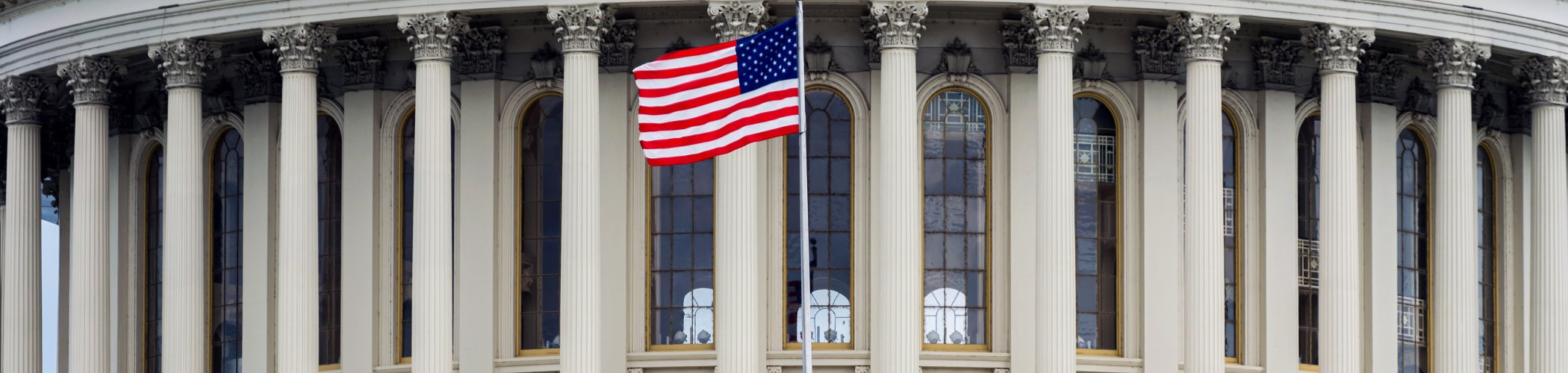 United States flag in front of a columned institutional building, symbolizing American politics and economy
