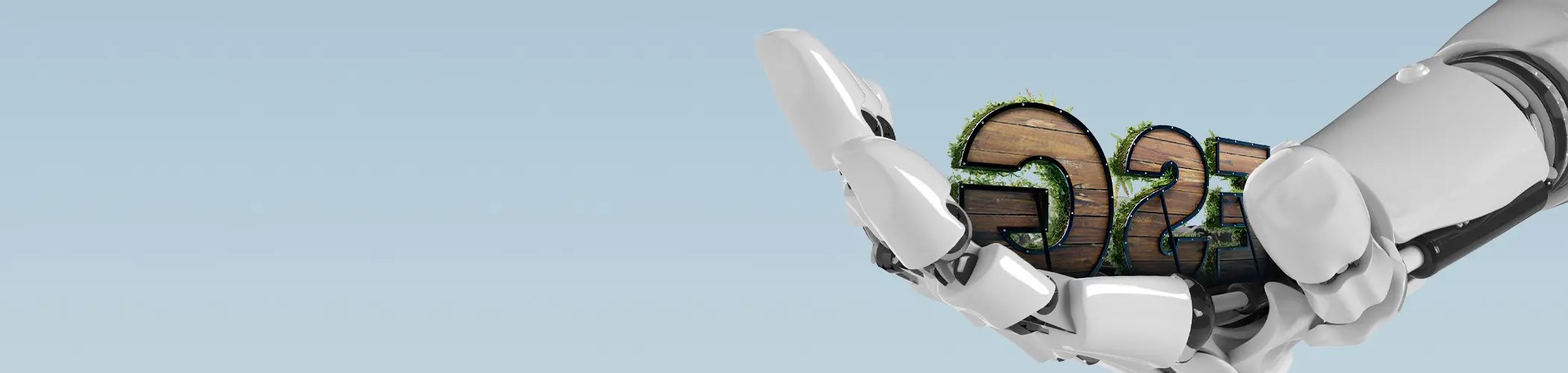 Robotic hand holding the letters “ESG” made of wood and greenery, set against a light blue background.


