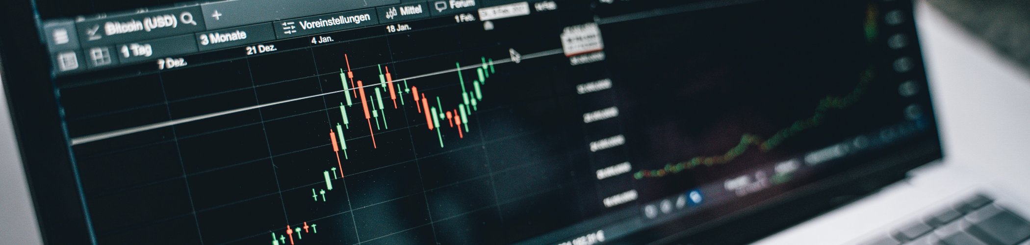Trading charts displayed on a laptop with candlesticks and indicators, illustrating financial market analysis and investment
