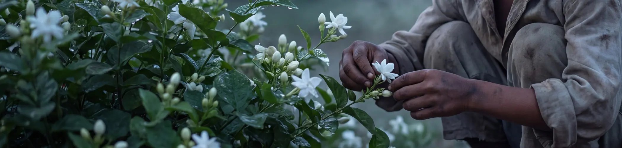 Hand harvesting white flowers from a green plant with dew, illustrating agriculture, nature and floral production