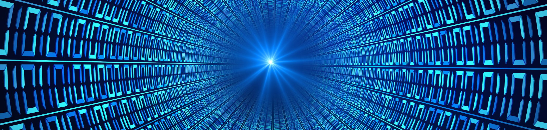 Digital‑style blue tunnel made of repeating rectangular patterns, converging toward a bright central light.