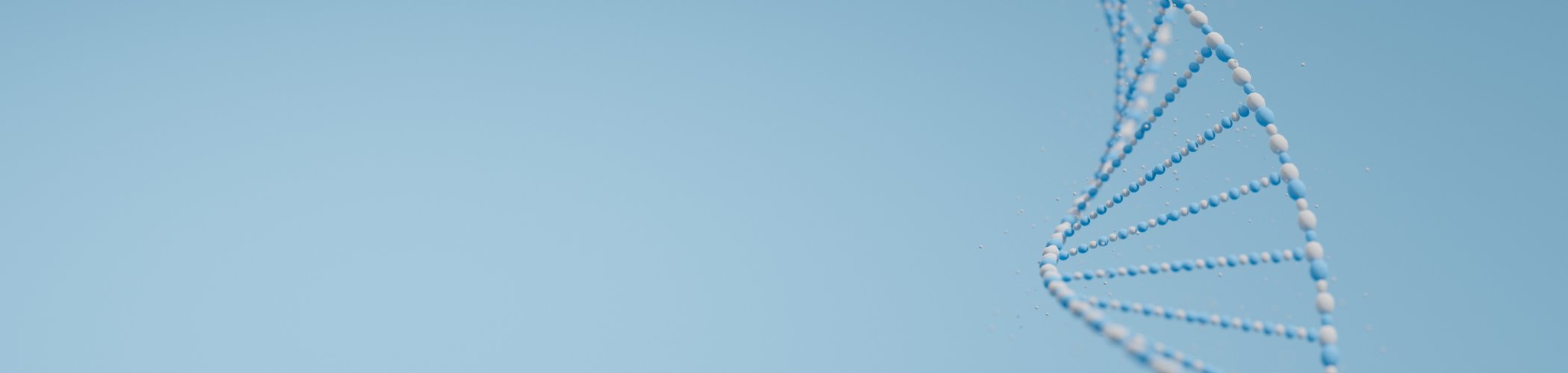 Illustration of a DNA double helix on a soft blue background with ample space for text or graphics.