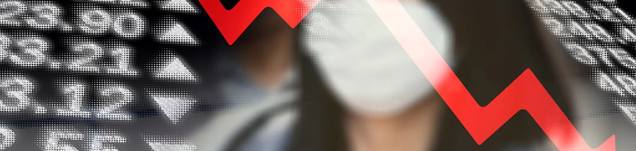 Financial chart in decline with a red downward arrow and a masked person, illustrating the economic impact of a health crisis
