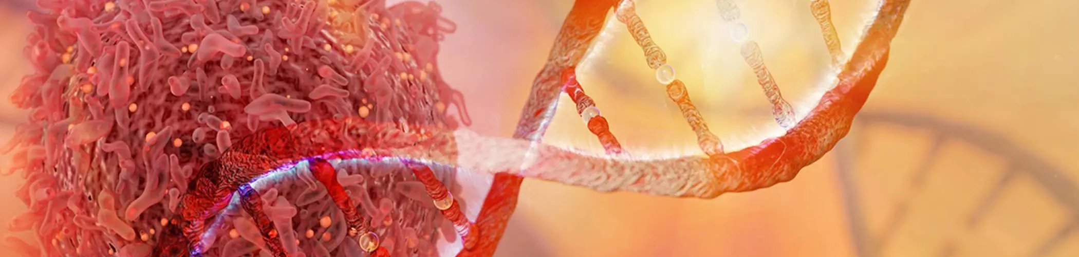 Abstract illustration showing a strand of DNA in the foreground with virus‑like particles in the background, in warm red and orange tones.

