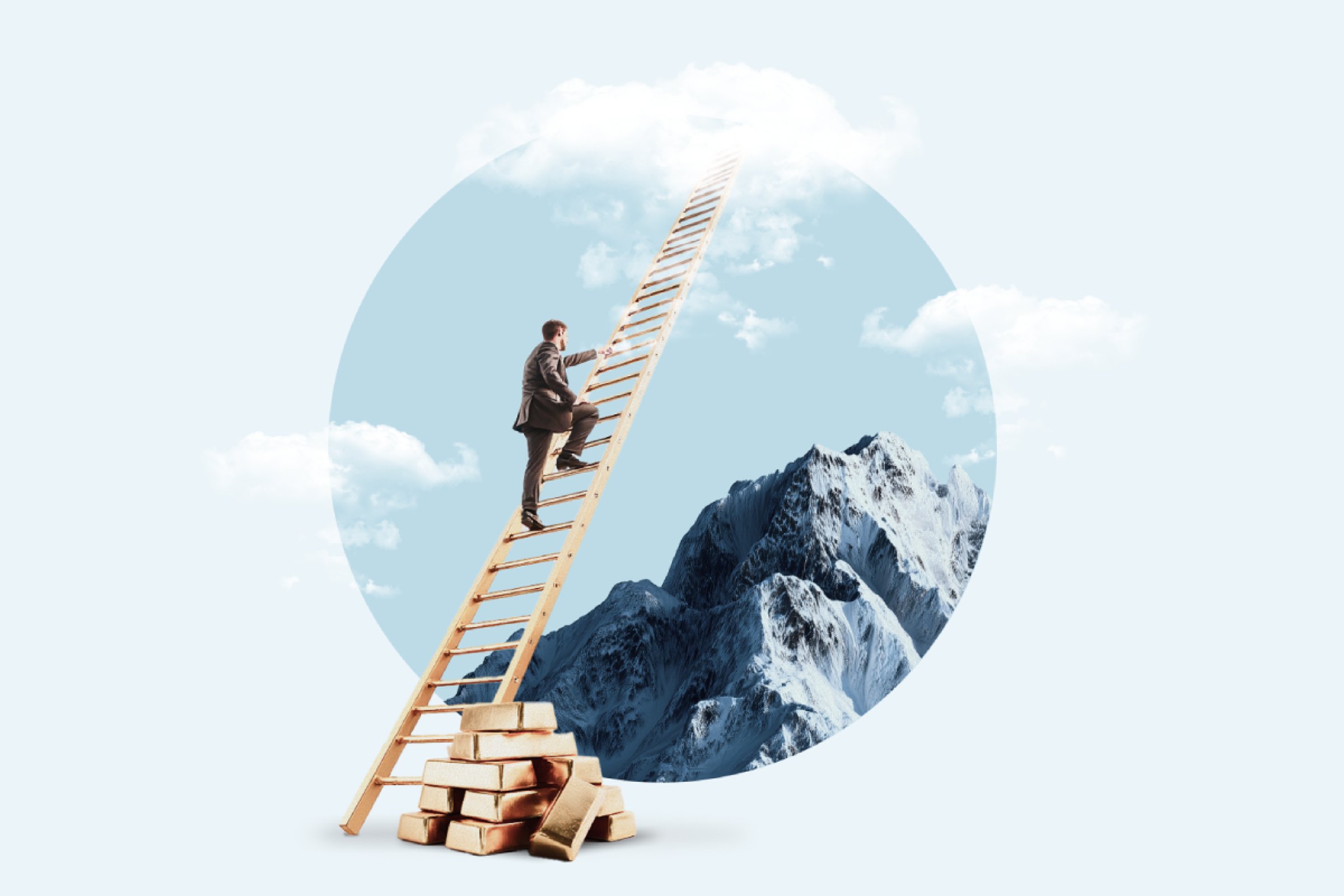 Person climbing a ladder toward a mountain with gold bars, symbolizing success and ambition