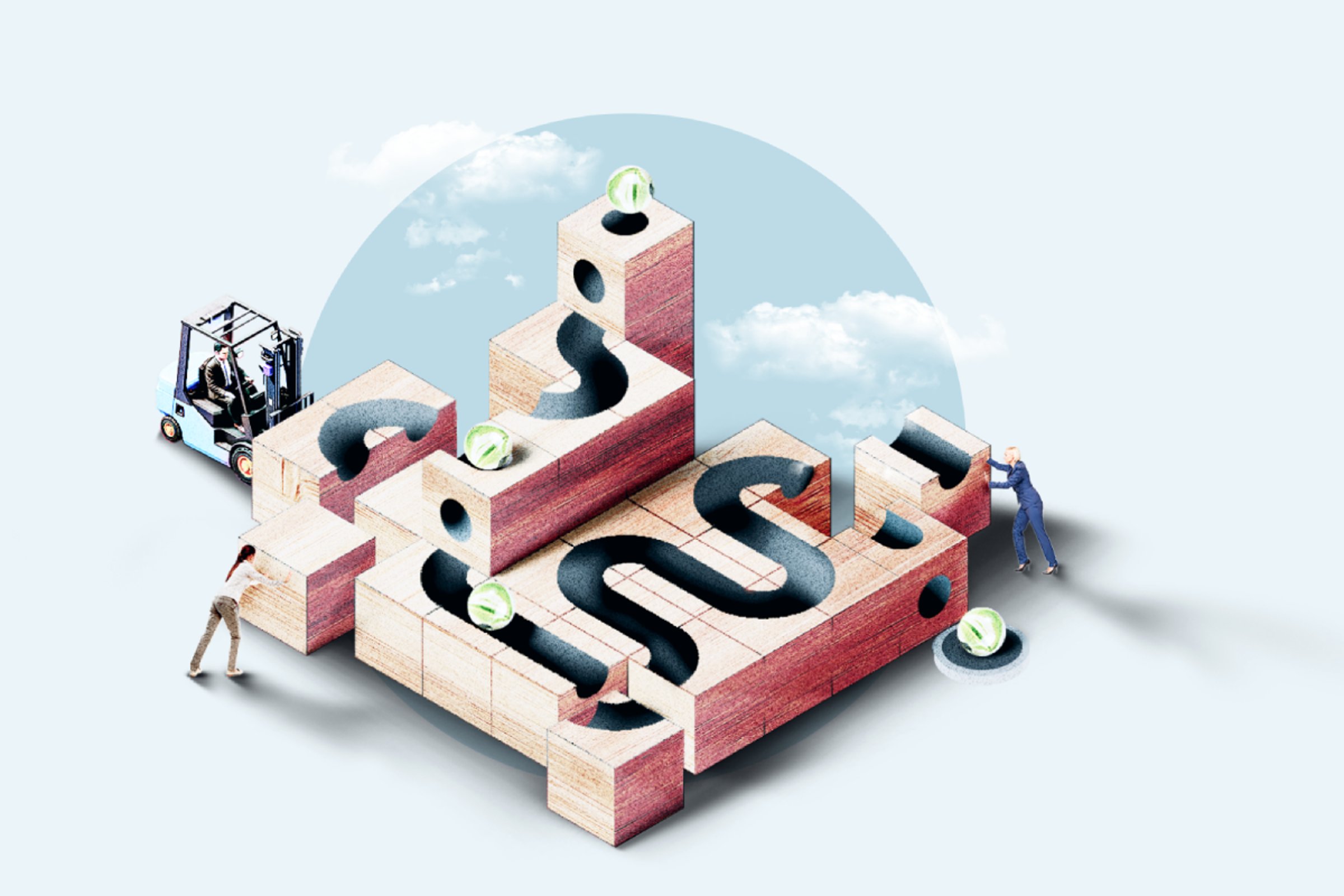Building an investment portfolio with modular blocks, illustrating asset allocation and diversification