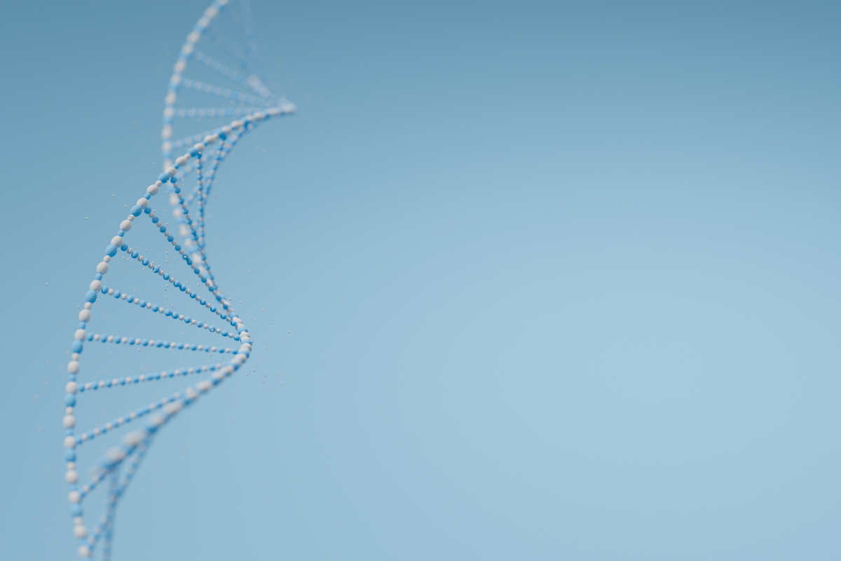 Illustration of a DNA double helix on a soft blue background with ample space for text or graphics.