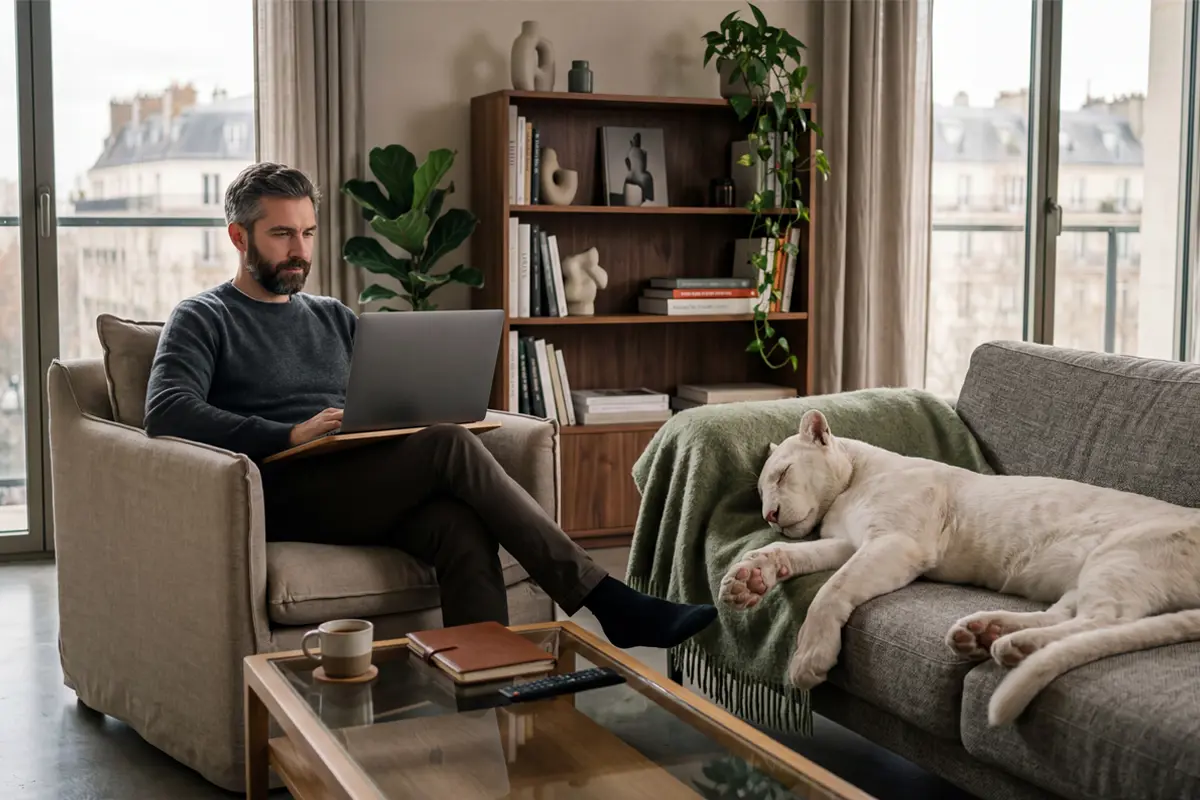 Person working on a laptop in a living room with a dog resting on the sofa, illustrating remote work and work-life balance
